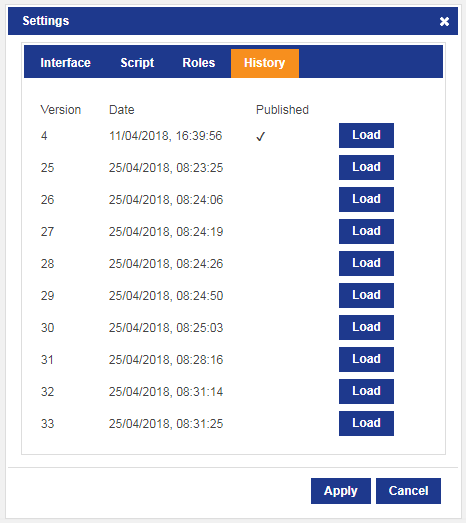 screen shot of History tab showing a list of HMI versions